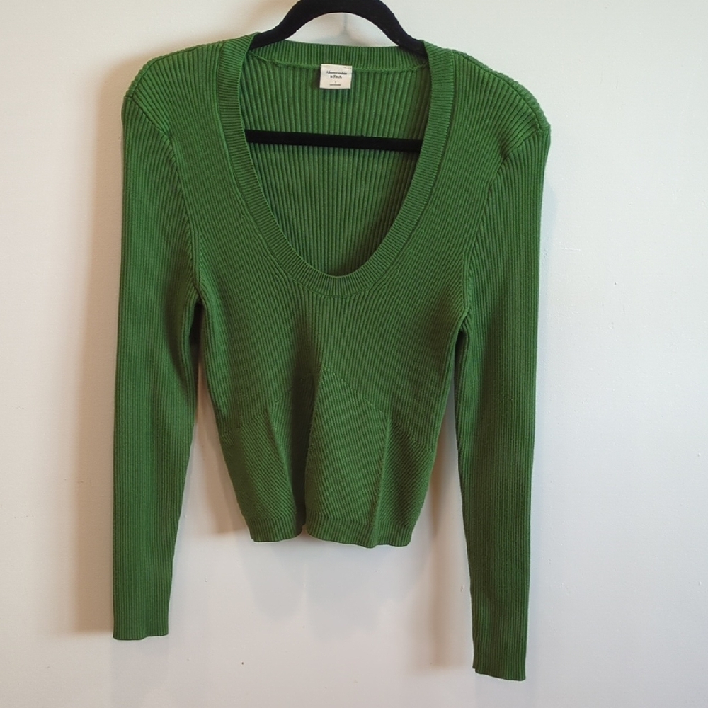 Abercrombie & Fitch Size Large Green Ribbed Scoop Neck Sweater Y2K 90s Spring